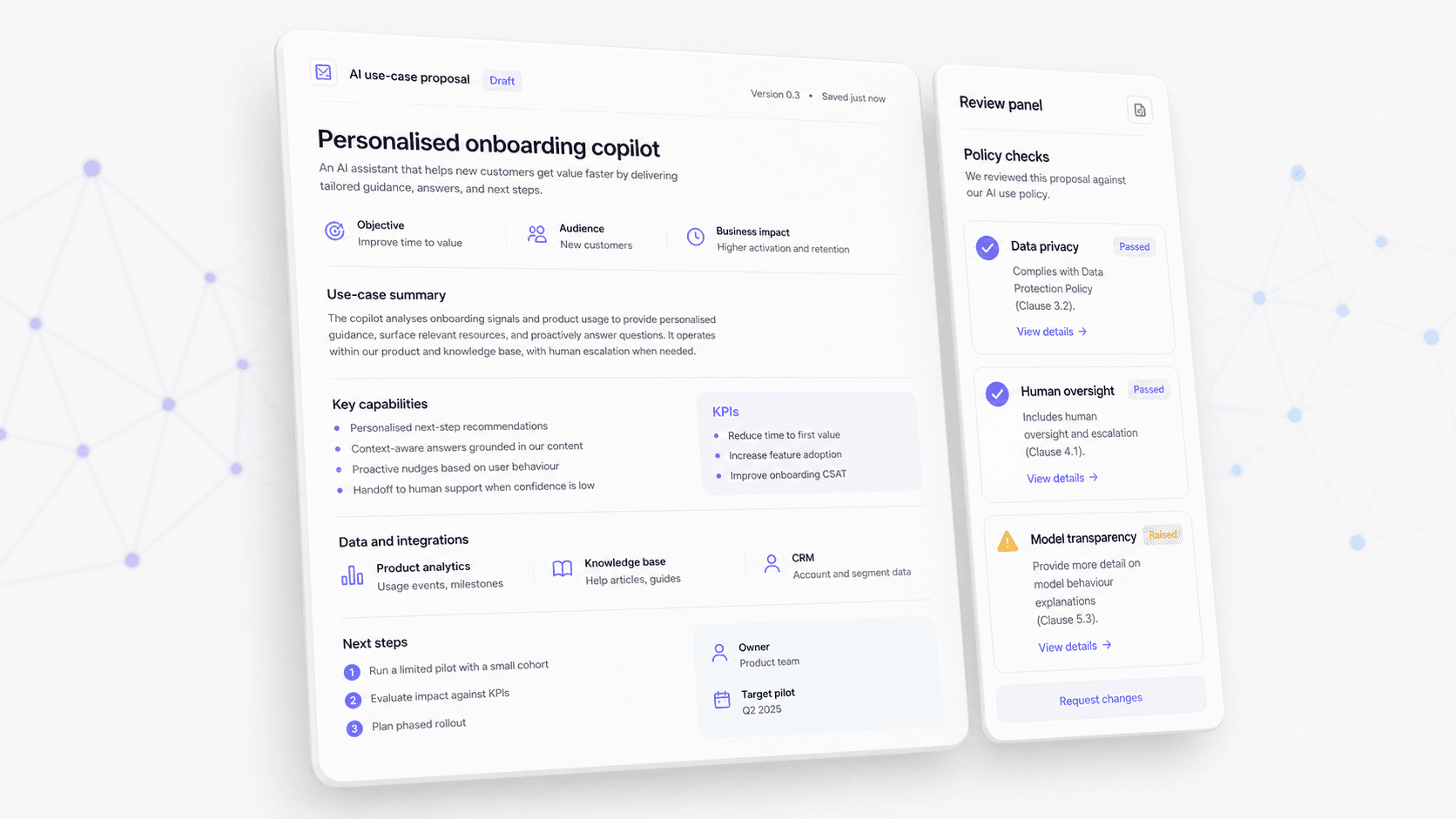 An AI use-case proposal beside a review panel showing policy checks, two passed and one raised, each citing a named clause.