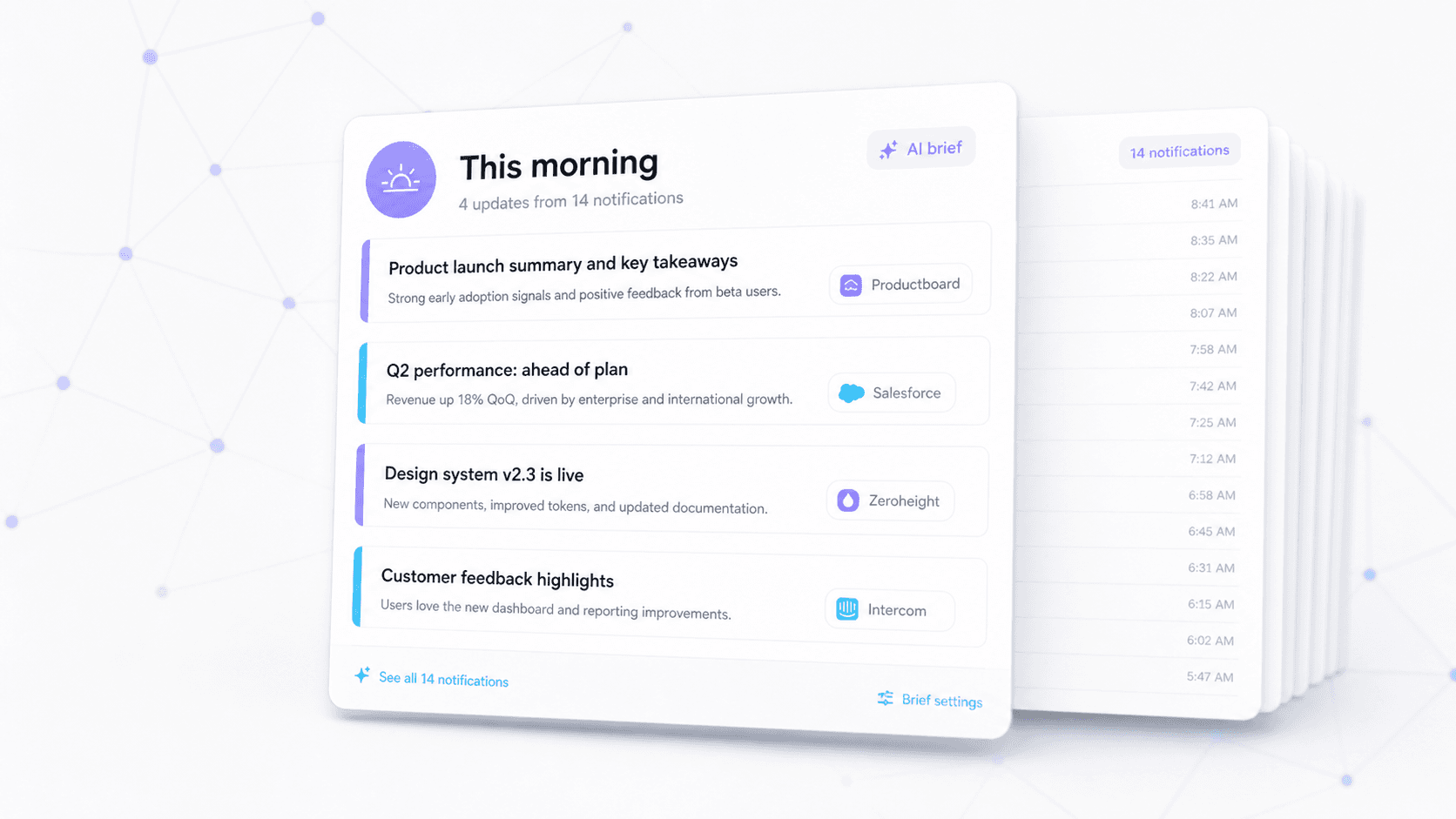 A single morning briefing card summarising four items, each with its source, replacing a stack of notifications behind it.