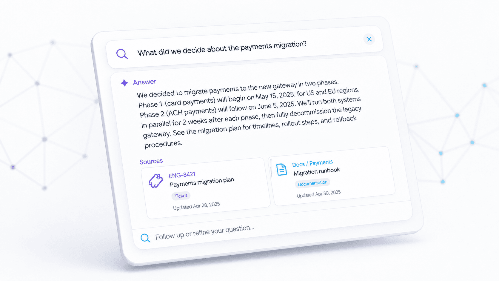 A search panel answering a question about a past decision, with the source ticket and documentation page cited underneath.