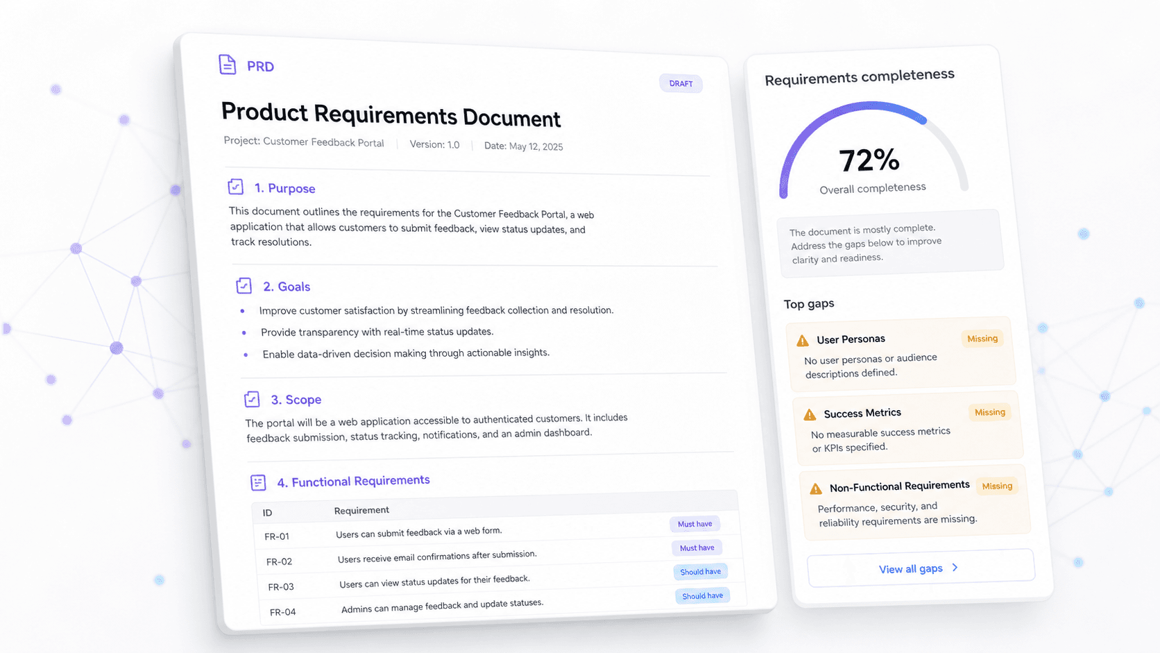 A product requirements document with a scoring panel beside it flagging three gaps in amber.